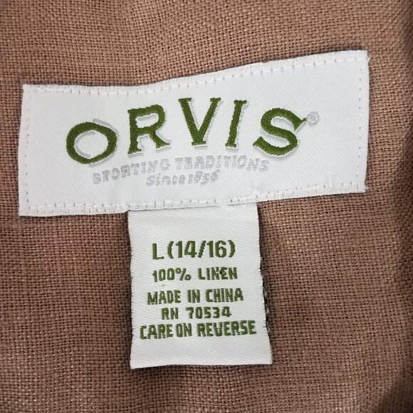 Orvis tan light brown 100% Linen button front shirt blouse ladies Large 14-16 - Picture 10 of 10
